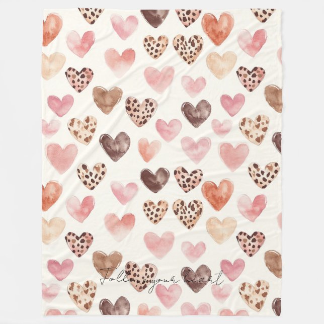 Pink Brown Leopard Print Hearts Fleece Blanket (Front)