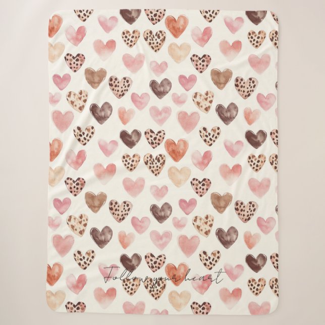 Pink Brown Leopard Print Hearts Sherpa Blanket (Front)