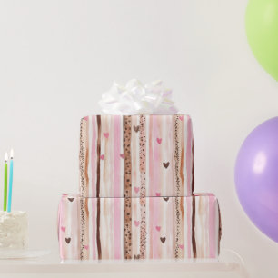Pink Brown Leopard Print Hearts Stripes Birthday Wrapping Paper