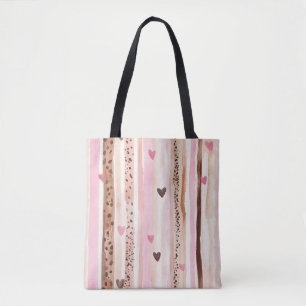 Pink Brown Leopard Print Hearts Stripes Tote Bag