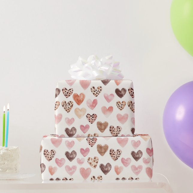 Pink Brown Leopard Print Hearts Wrapping Paper (Party Gifts)