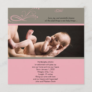 Pink Brown Modern Floral Photo Baby Announcement