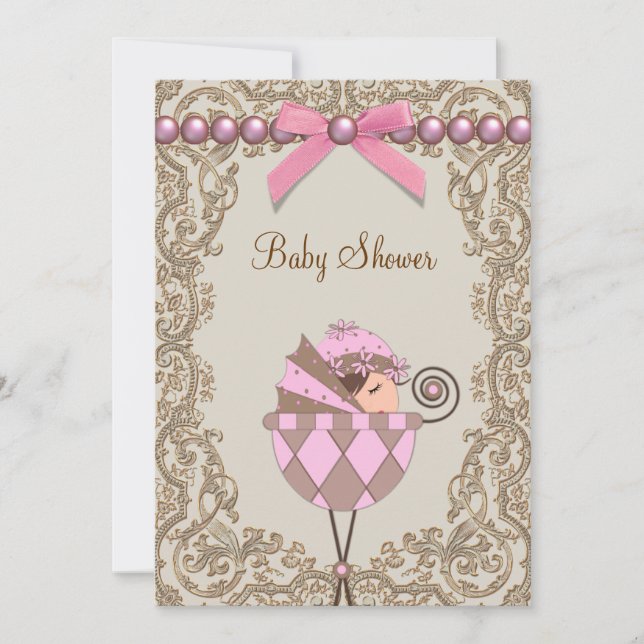 Pink Brown Pearls Lace Girl Baby Shower Invitation (Front)
