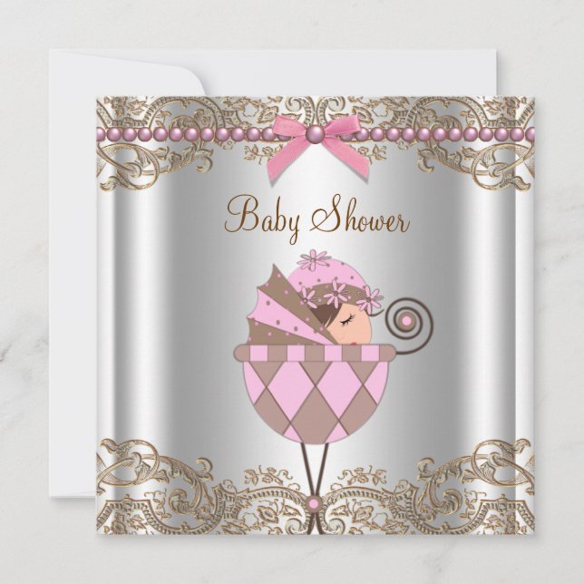 Pink Brown Pearls Lace Girl Baby Shower Invitation (Front)