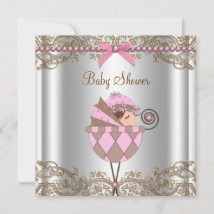 Pink Brown Pearls Lace Girl Baby Shower Invitation