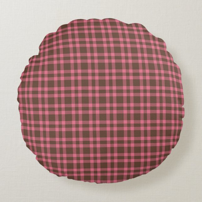 Pink Brown Plaid Pattern Round Pillow (Front)