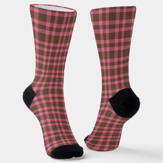 Pink Brown Plaid Pattern Socks (Angled)