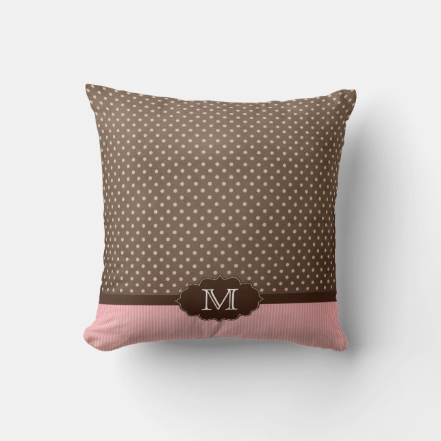 Pink brown polkadots + stripes monogram pillow (Front)