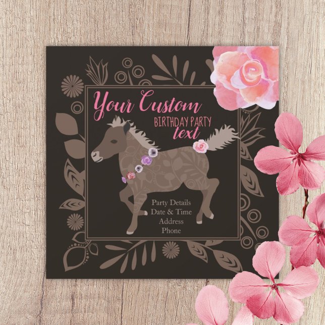 Pink & Brown Pony Theme Birthday Invitation (brown pink galloping pony ponies birthday party invitation girls pony themed pony ride floral roses)