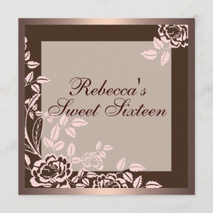 Pink & Brown Rose Sweet 16 Birthday Invitation