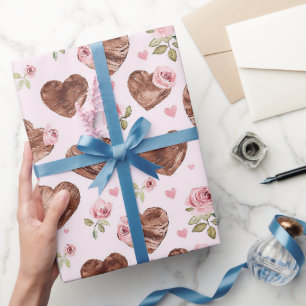 Pink Brown Roses Floral Hearts Wedding Wrapping Paper
