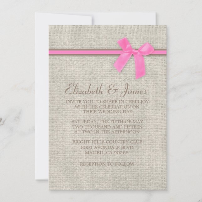 Pink & Brown Rustic Burlap Bow Wedding Invitations (Front)