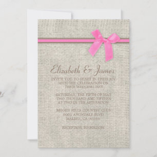 Pink & Brown Rustic Burlap Bow Wedding Invitations