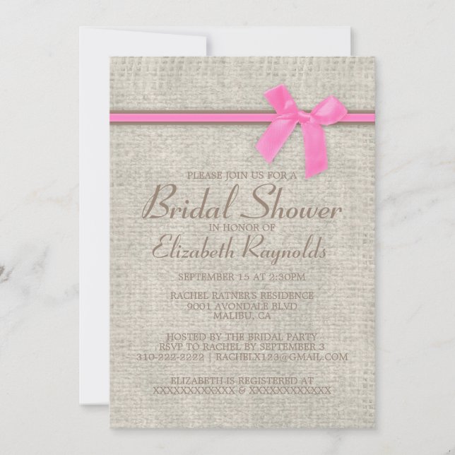 Pink Brown Rustic Burlap Bridal Shower Invitations (Front)