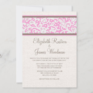 Pink Brown Rustic Burlap Linen Wedding Invitations