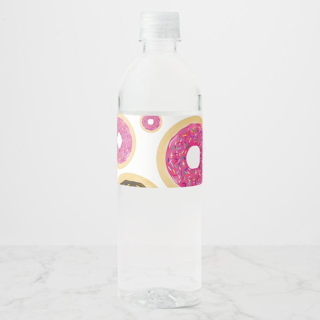 Pink & Brown Sprinkle Doughnuts Modern Birthday Pa Water Bottle Label (Front)