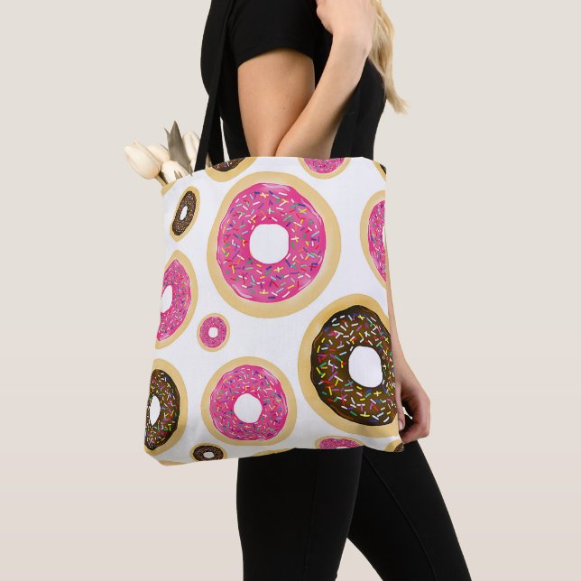 Pink & Brown Sprinkle Doughnuts Modern Fun Cute Tote Bag (Close Up)