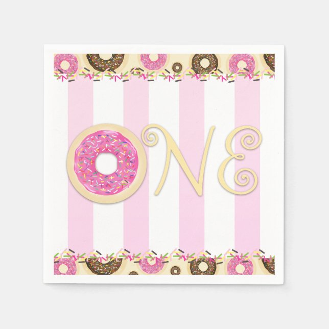Pink Brown Sprinkle Doughnuts ONE 1ST Birthday Par Napkin (Front)