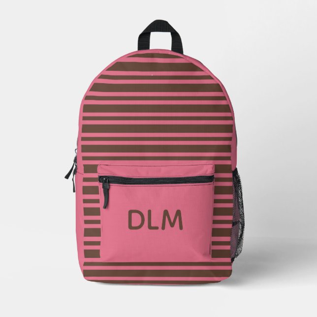 Pink Brown Stripes Personalize Pattern Printed Backpack (Front)