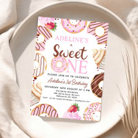 Pink Brown Sweet One Donut Birthday Invitation