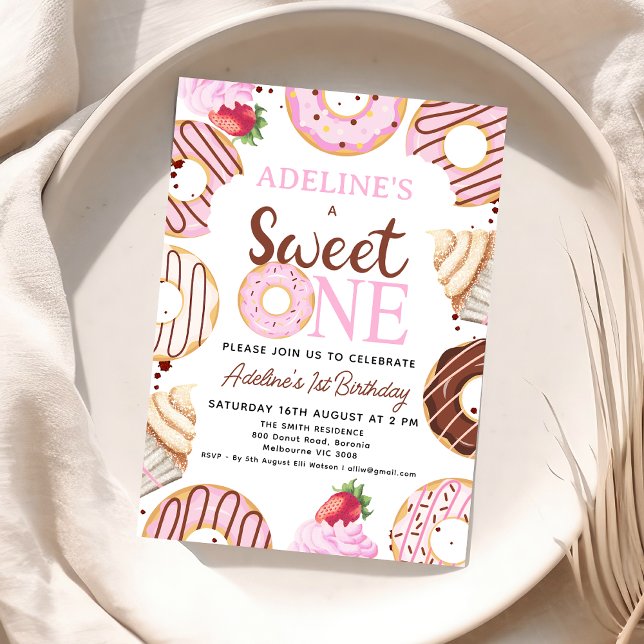 Pink Brown Sweet One Donut Birthday Invitation (Editable Girls Donut Sweet One Birthday Party Invitation Template. Printable Baby Girls 1st Birthday)