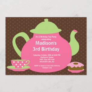 Pink & Brown Tea Party Birthday Party Invitation
