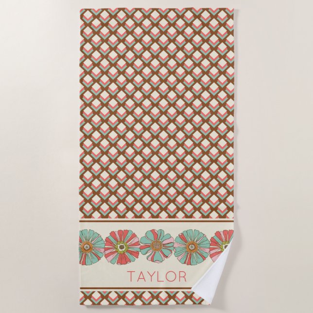 Pink Brown Teal Geometric Diamonds Retro Floral Beach Towel (Front)