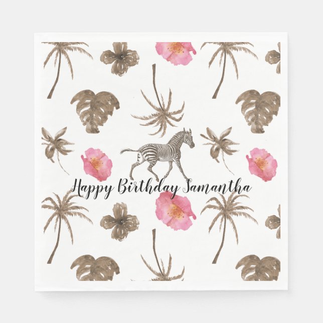 Pink Brown Tropical Zebra Floral Palm Trees Napkin (Front)