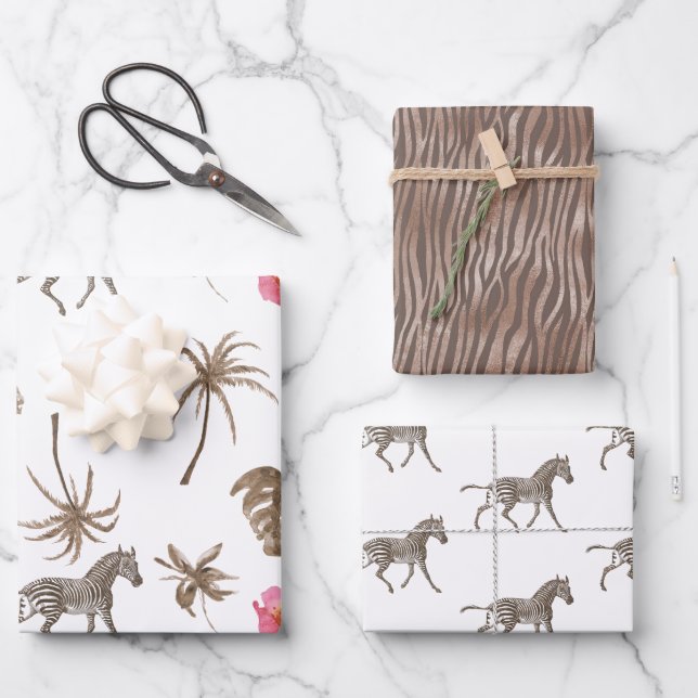 Pink Brown Tropical Zebra Floral Palm Trees       Wrapping Paper Sheet (Front)