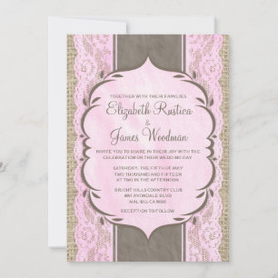 Pink Brown Vintage Linen Burlap Wedding Invitation