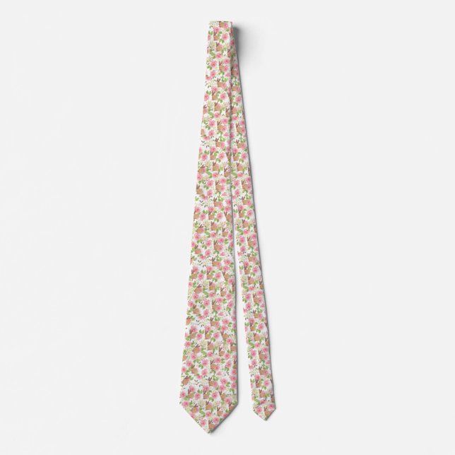 Pink brown watercolor roses floral bunny rabbit tie (Front)