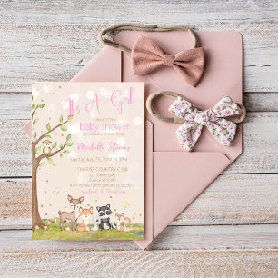 Pink Brown Watercolor Woodland Animals Invitation