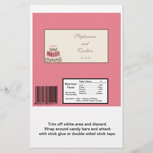 Pink/Brown Wedding Cake Large Candy Bar Wrapper (Front)
