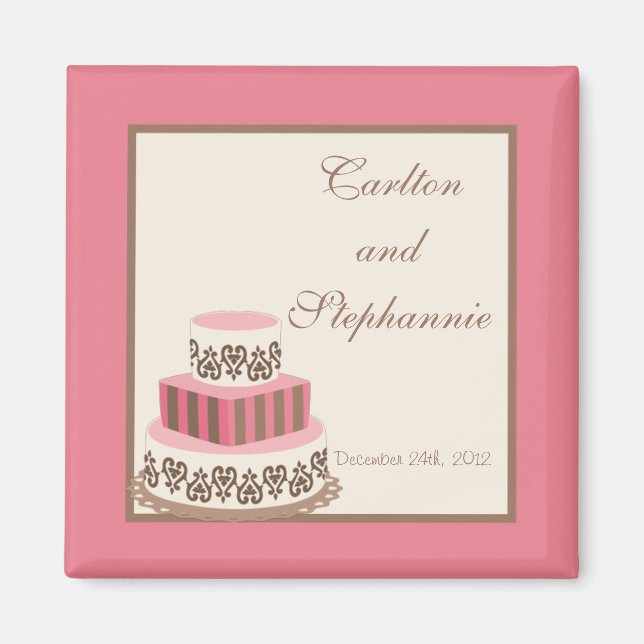 Pink/Brown Wedding Cake Magnet Favour (Front)