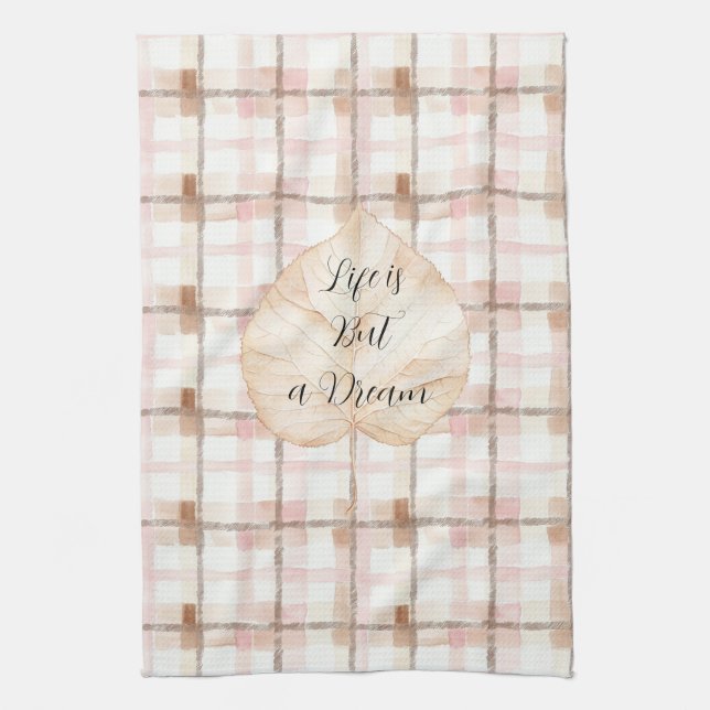 Pink Brown White Plaid Stripes Leaf Kitchen Towel (Vertical)