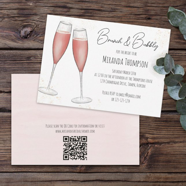 Pink Brunch and Bubbly Bridal Shower QR Code  Invitation (Creator Uploaded)