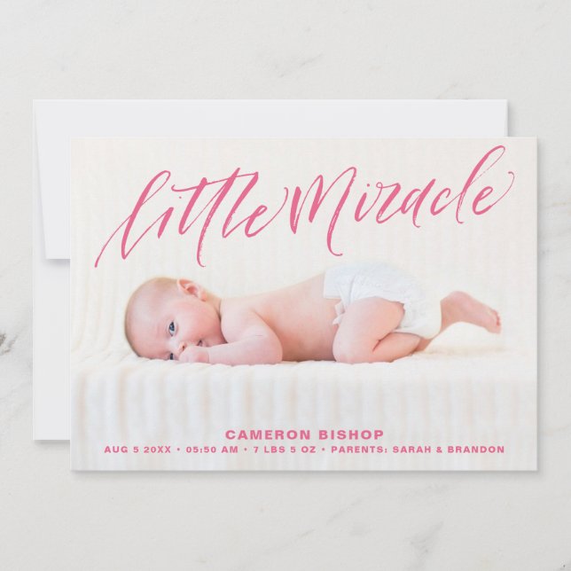 Pink Brush Hand Lettering Birth Announcement (Front)