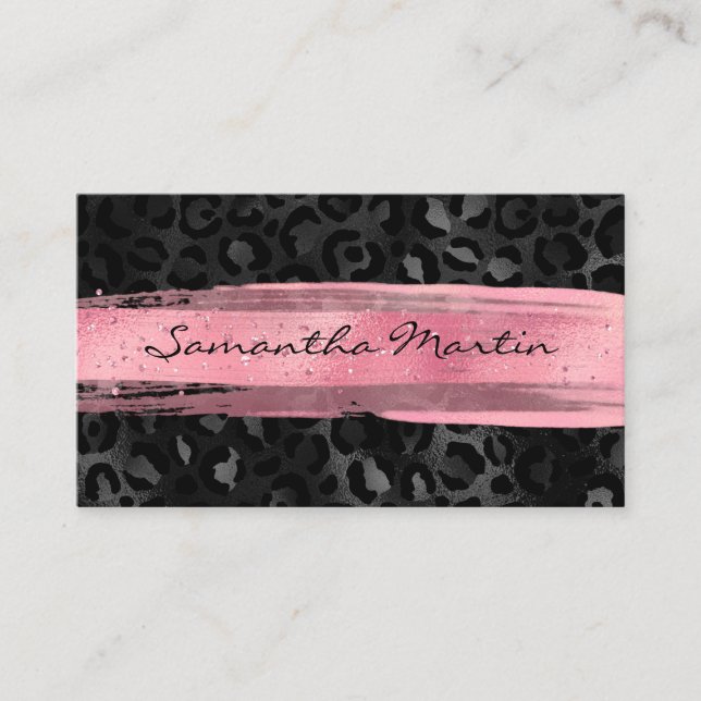 Pink Brush Stroke Black Foil Leopard Business Card (Front)