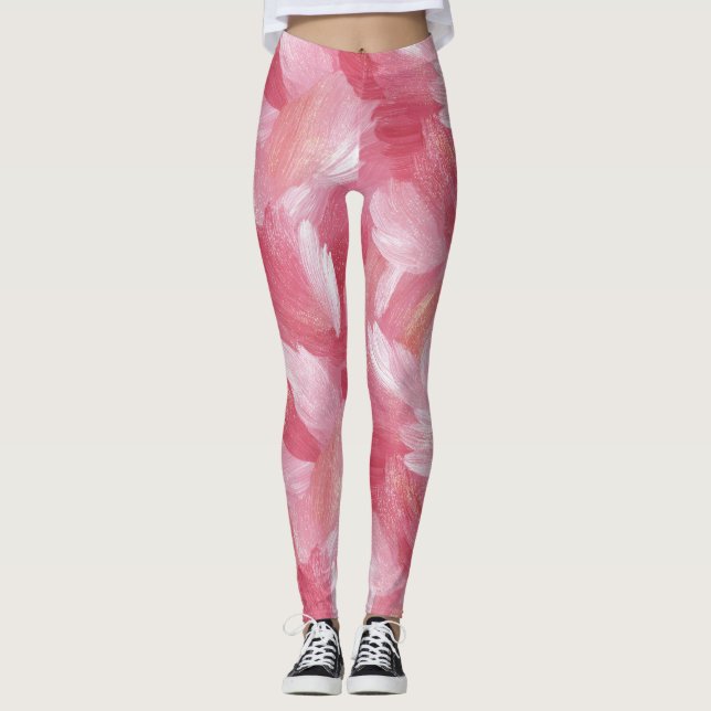 Pink Brush Stroke Glitter Abstract Pattern Leggings (Front)