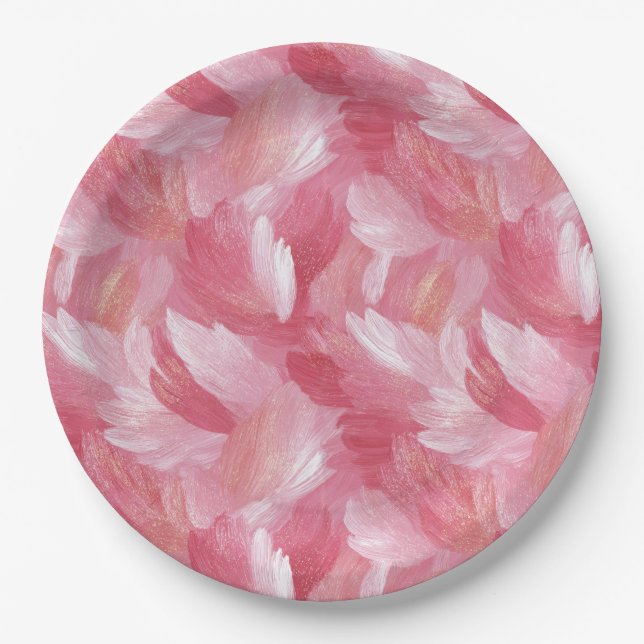 Pink Brush Stroke Glitter Abstract Pattern Paper Plate (Front)