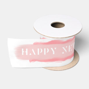Pink Brush stroke Modern Happy New Year Satin Ribbon