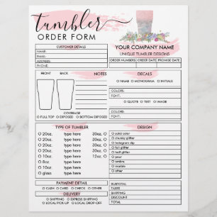 Pink Brush Tumbler Mug Cup Order Form Flyer