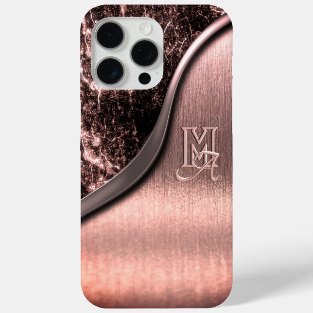 Pink brushed metal and metallic stone monogrammed Case-Mate iPhone case (Back)