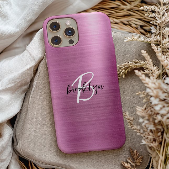 Pink Brushed Metal Black White Script Monogram  Case-Mate iPhone Case (Creator Uploaded)