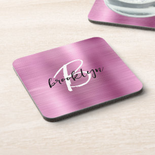 Pink Brushed Metal Black White Script Monogram Coaster