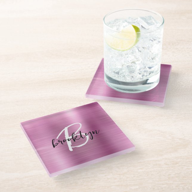 Pink Brushed Metal Black White Script Monogram  Glass Coaster (Angled)