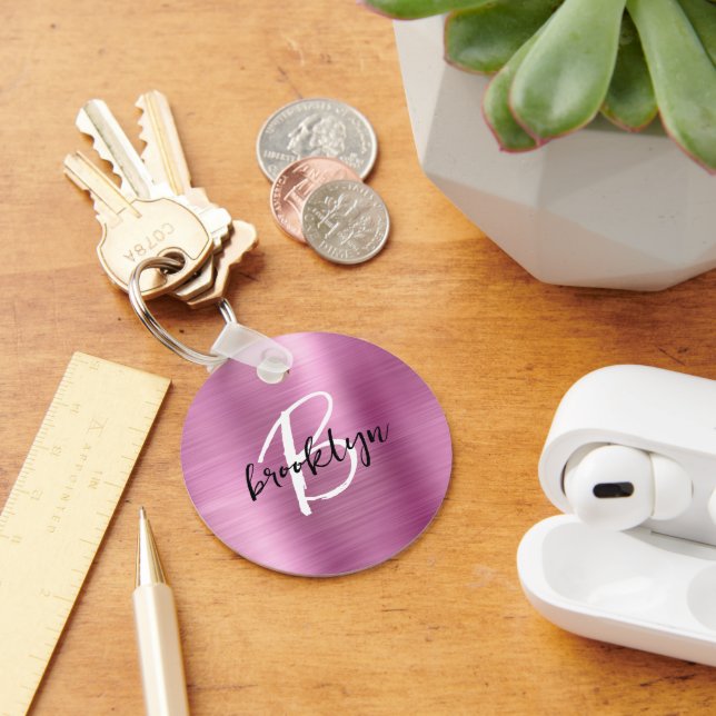 Pink Brushed Metal Black White Script Monogram  Keychain (Desk)