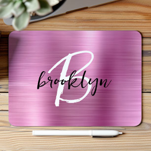 Pink Brushed Metal Black White Script Monogram  Mouse Pad
