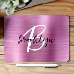 Pink Brushed Metal Black White Script Monogram  Mouse Pad<br><div class="desc">This elegant personalized mouse pad features a monogram and first name in modern black and white script on a trendy pink brushed metal background.</div>