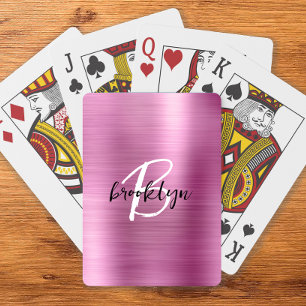 Pink Brushed Metal Black White Script Monogram  Playing Cards